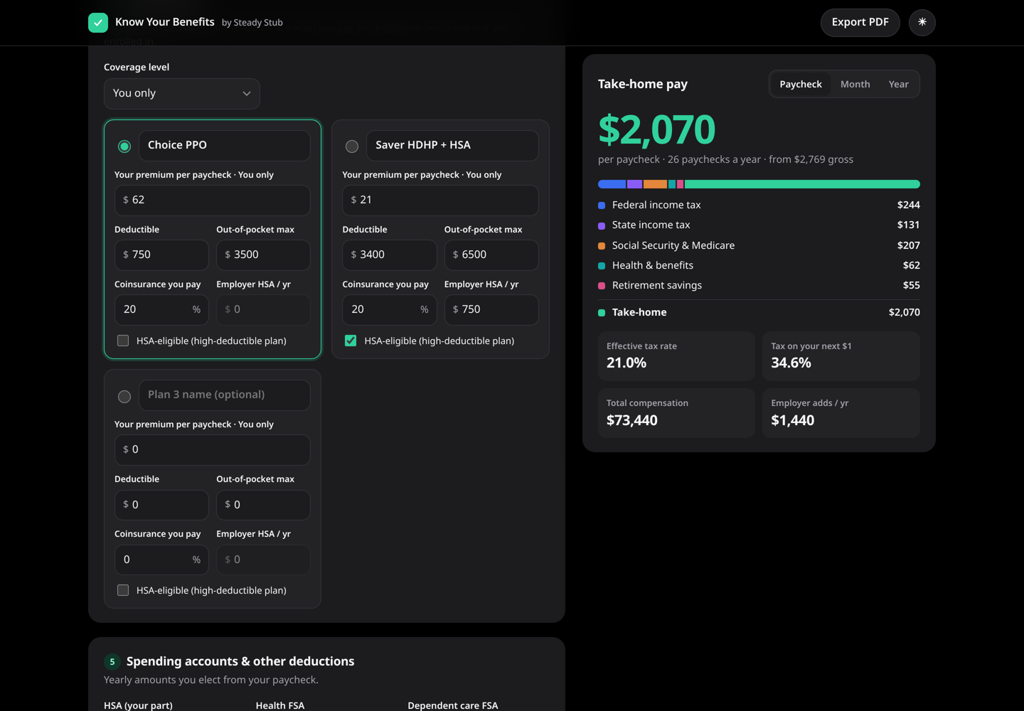 Health plan comparison in dark mode