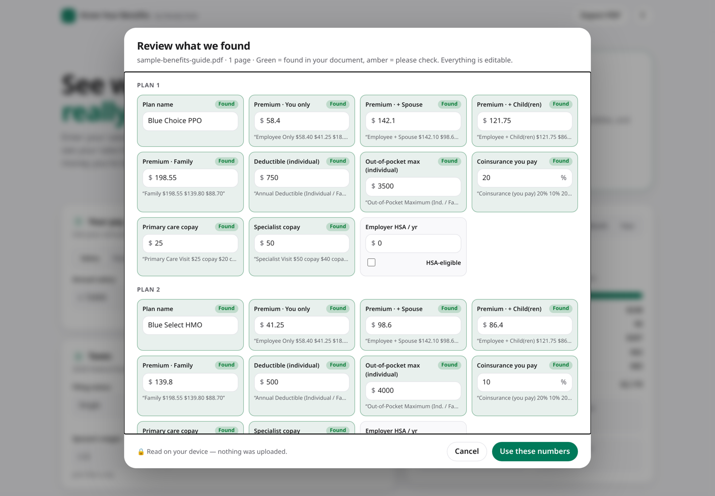 Review screen confirming values extracted from a benefits PDF